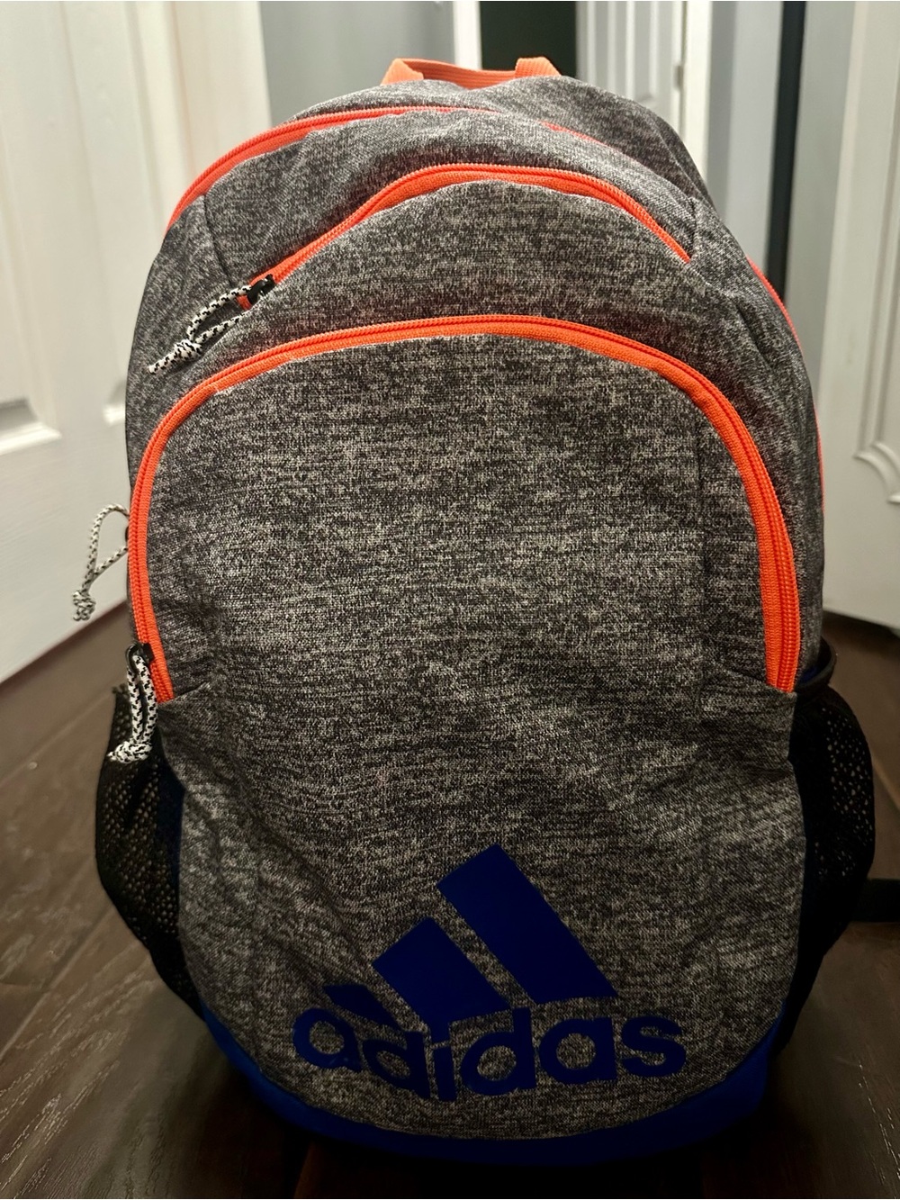 Adidas Grey and Orange Backpack with Blue Logo